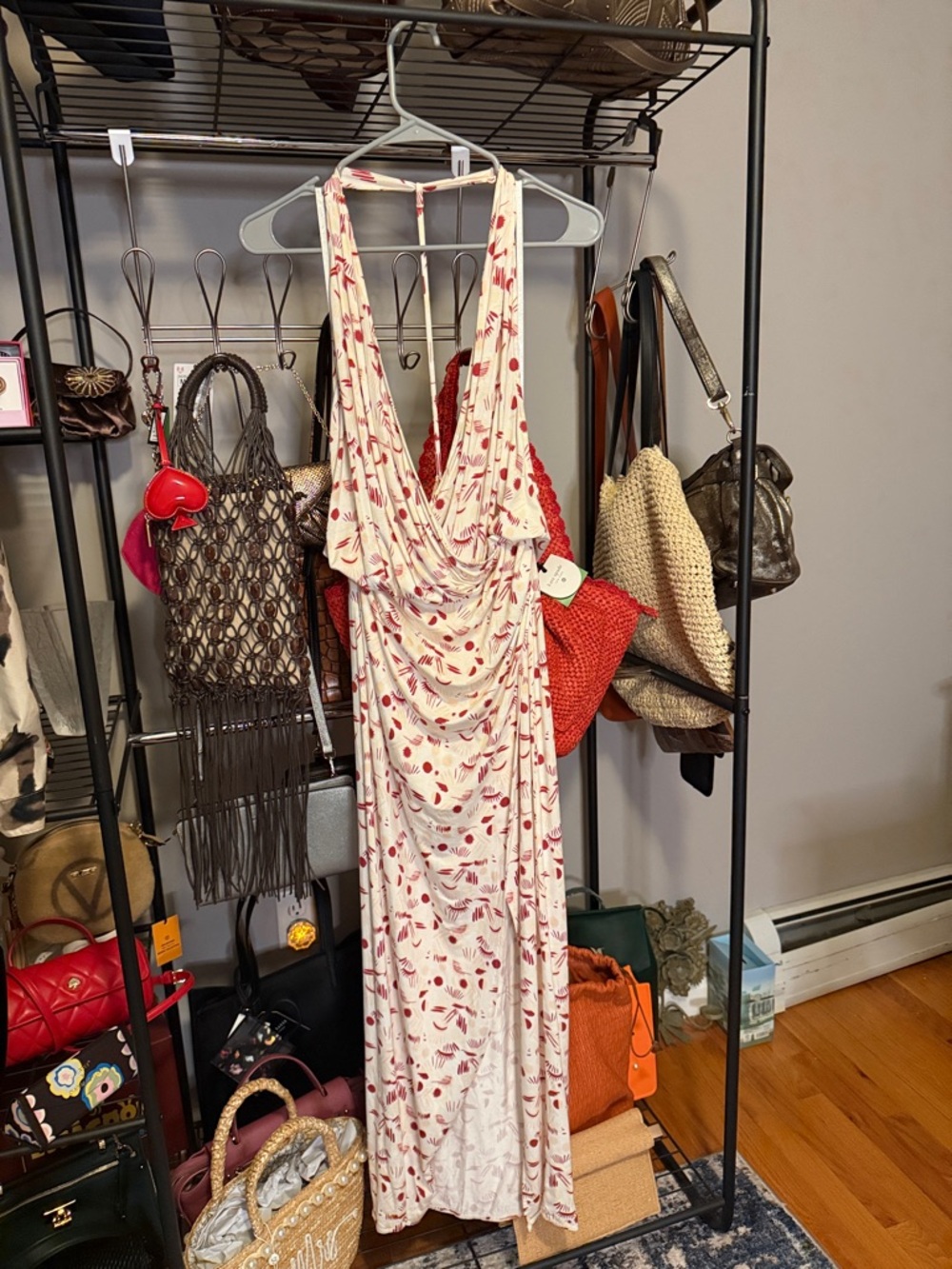 Free People Cream Maxi Dress with Red Leaf Print